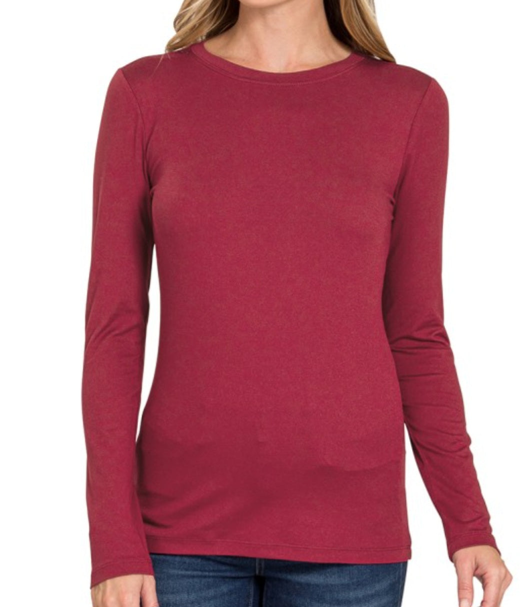 Burgundy Microfiber Round Neck Long Sleeve Top - S M L XL