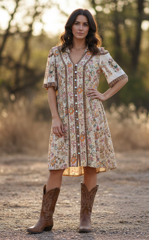 Natural Floral Print Woven Dress S M L