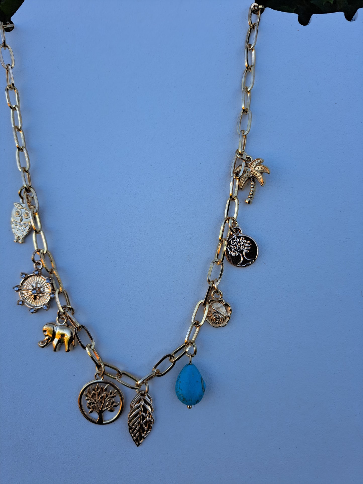 Charm Necklace with Tree Leaf Elephant Turquoise - Gold Link Chain