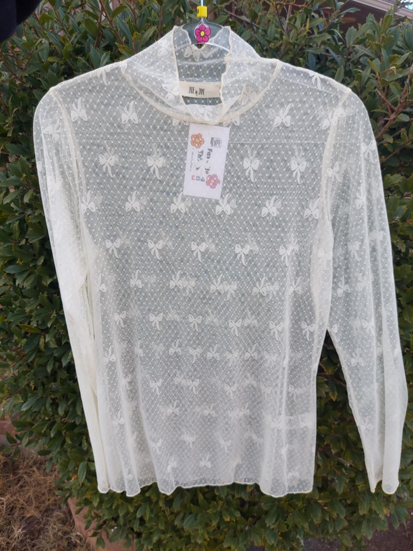 Cream Colored Bow Print Lace Mesh Top M L XL