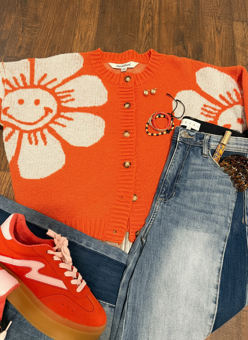 Orange Daisy Print Cropped Cardigan S M L
