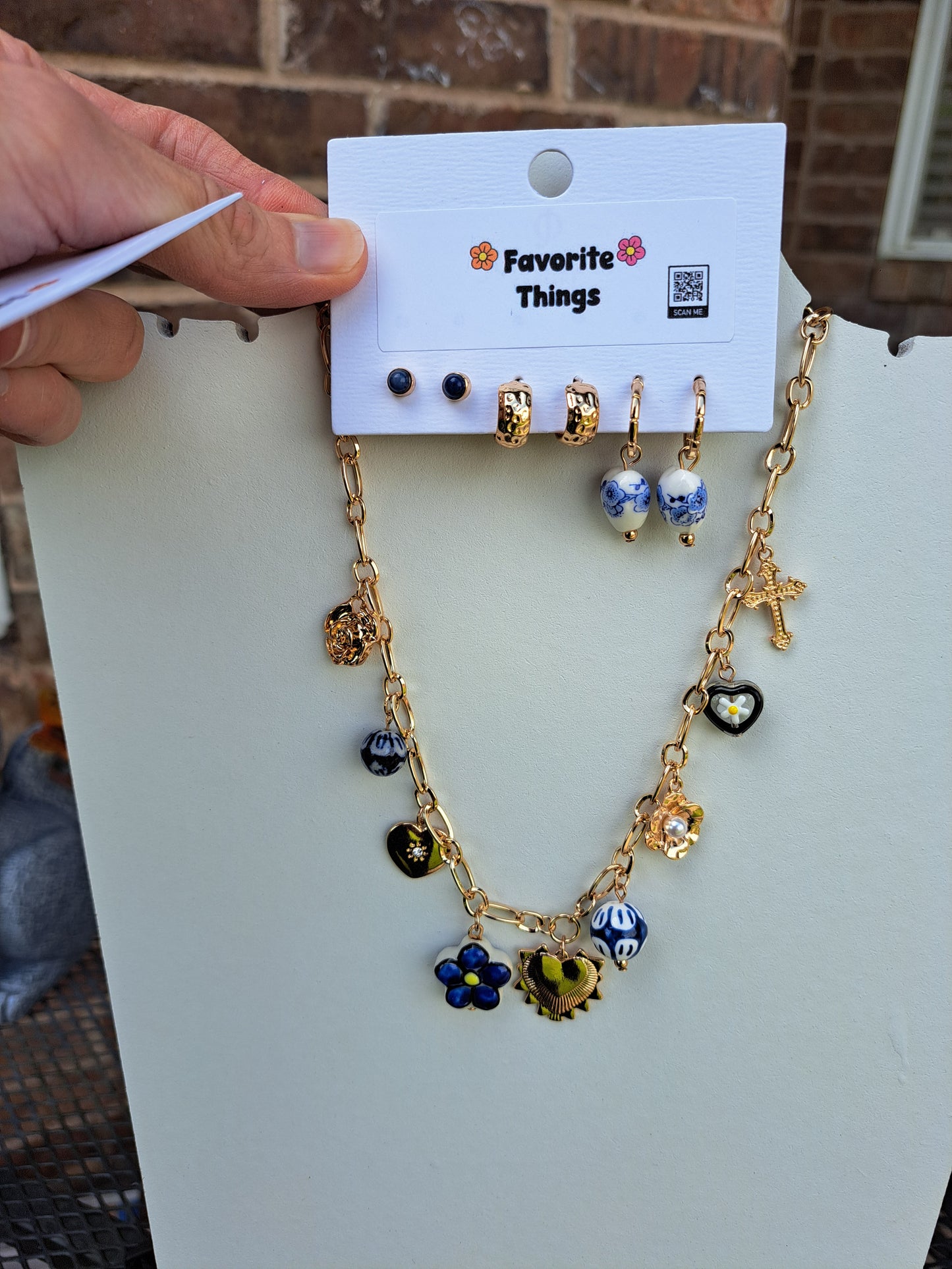 Blue Ceramic Porcelain Heart Necklace with Cross Charm & Toile Flower