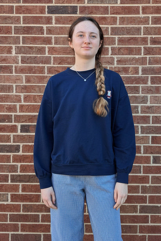 Navy Embroidery Teddy Bear Long Sleeve Top S M L