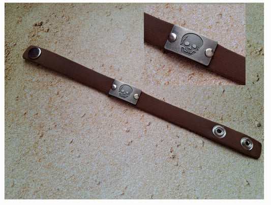 Brown Leather Bracelet With Skull Metal Charm