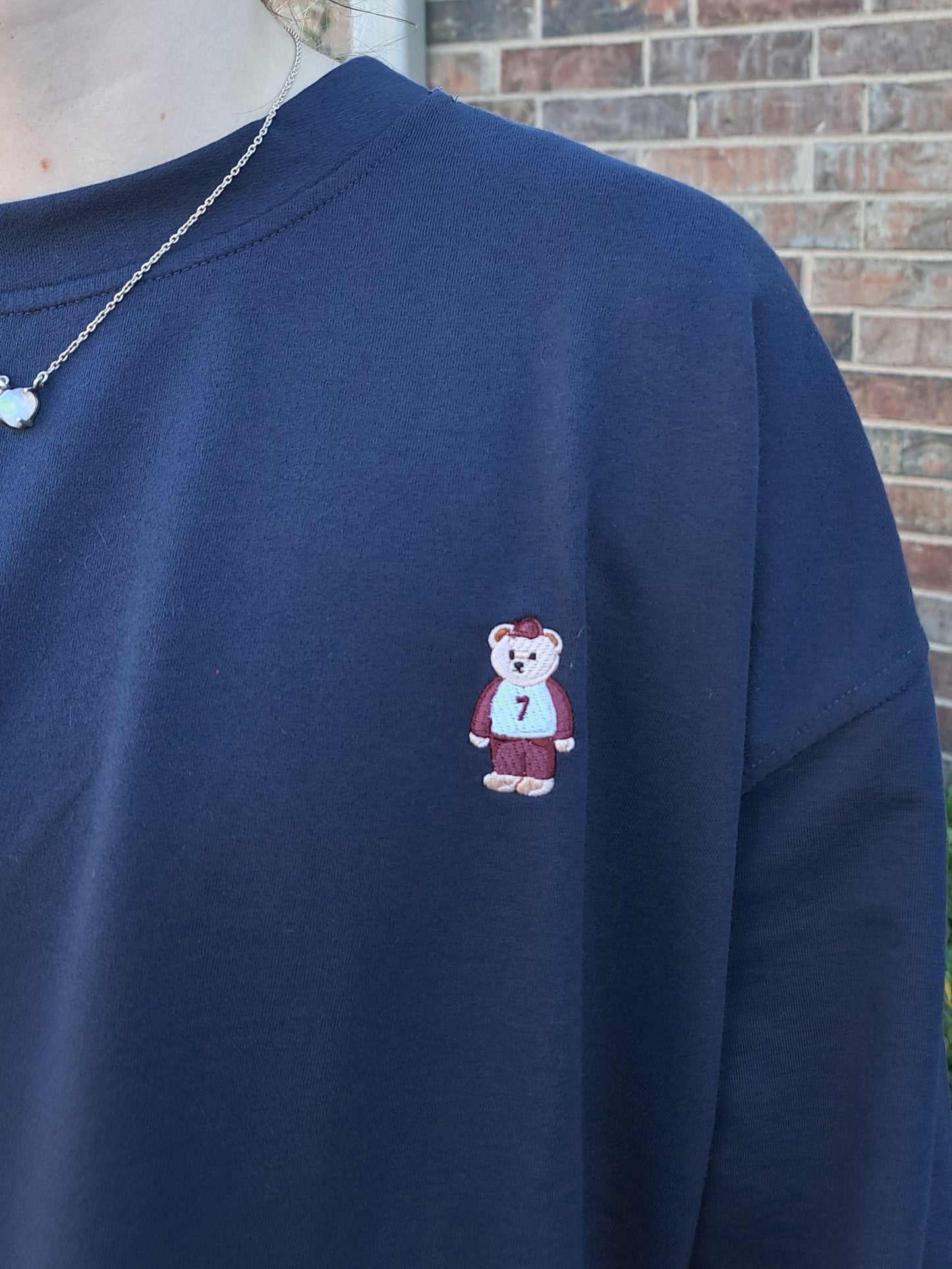 Navy Embroidery Teddy Bear Long Sleeve Top S M L