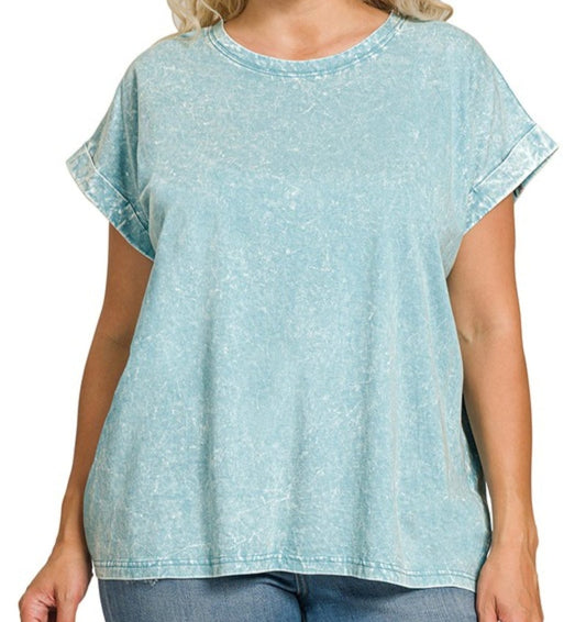 Dusty Teal Drop Shoulder Acid Washed Top - XL and 2X