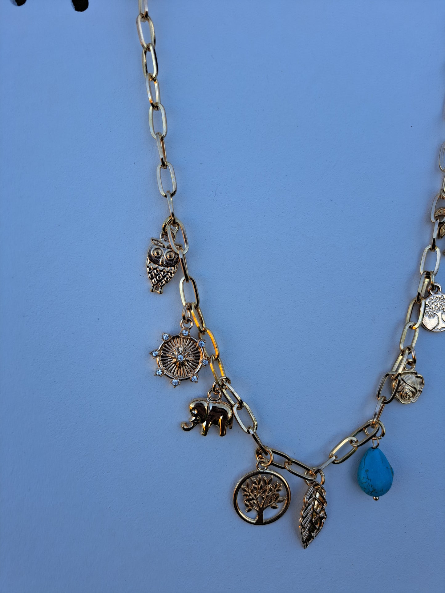 Charm Necklace with Tree Leaf Elephant Turquoise - Gold Link Chain