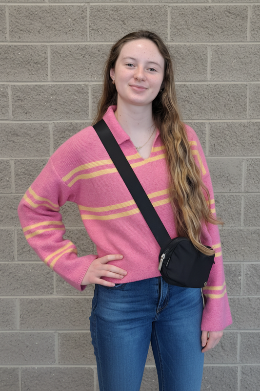 Cozy Co Pink Knit Sweater with Orange Stripe S/M and M/L