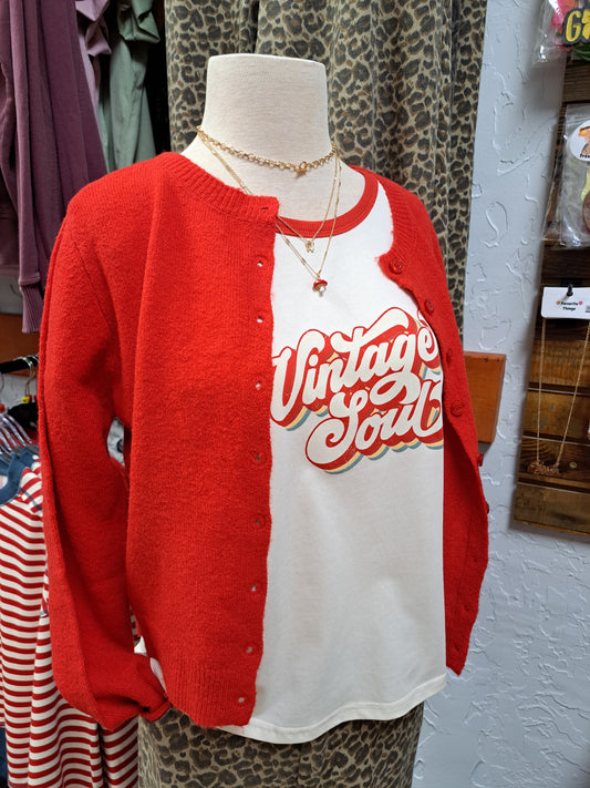 Round Neck Button Down Long Sleeve Red Cardigan S M L