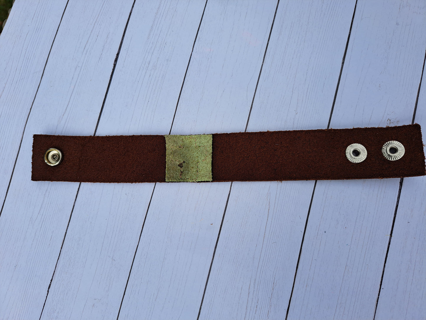 Leather Cuff Bracelet - Brown With Green Cross Inset