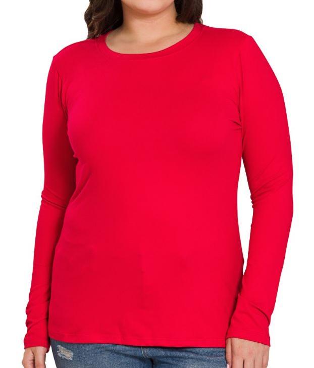 Ruby Red Microfiber Round Neck Long Sleeve Top - 1X 2X