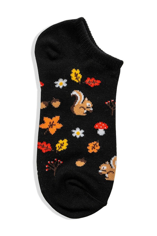 Black Autumn Theme Ankle Socks - Squirrel Leaf Mushroom Print
