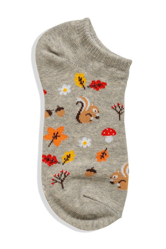 Gray Autumn Theme Ankle Socks - Squirrel Leaf Mushroom Print
