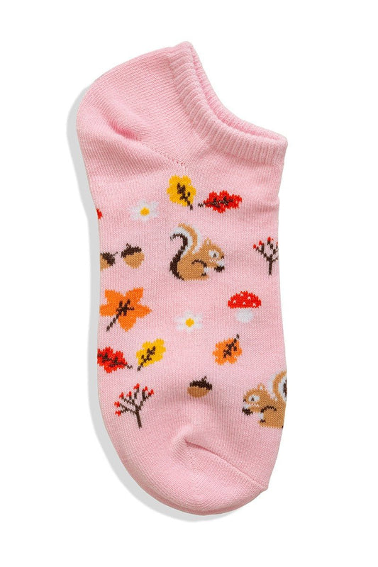 Pink Autumn Theme Ankle Socks - Squirrel Leaf Mushroom Print