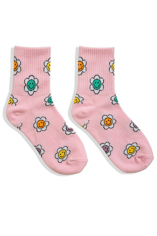 Pink Smiley Flower Crew Socks