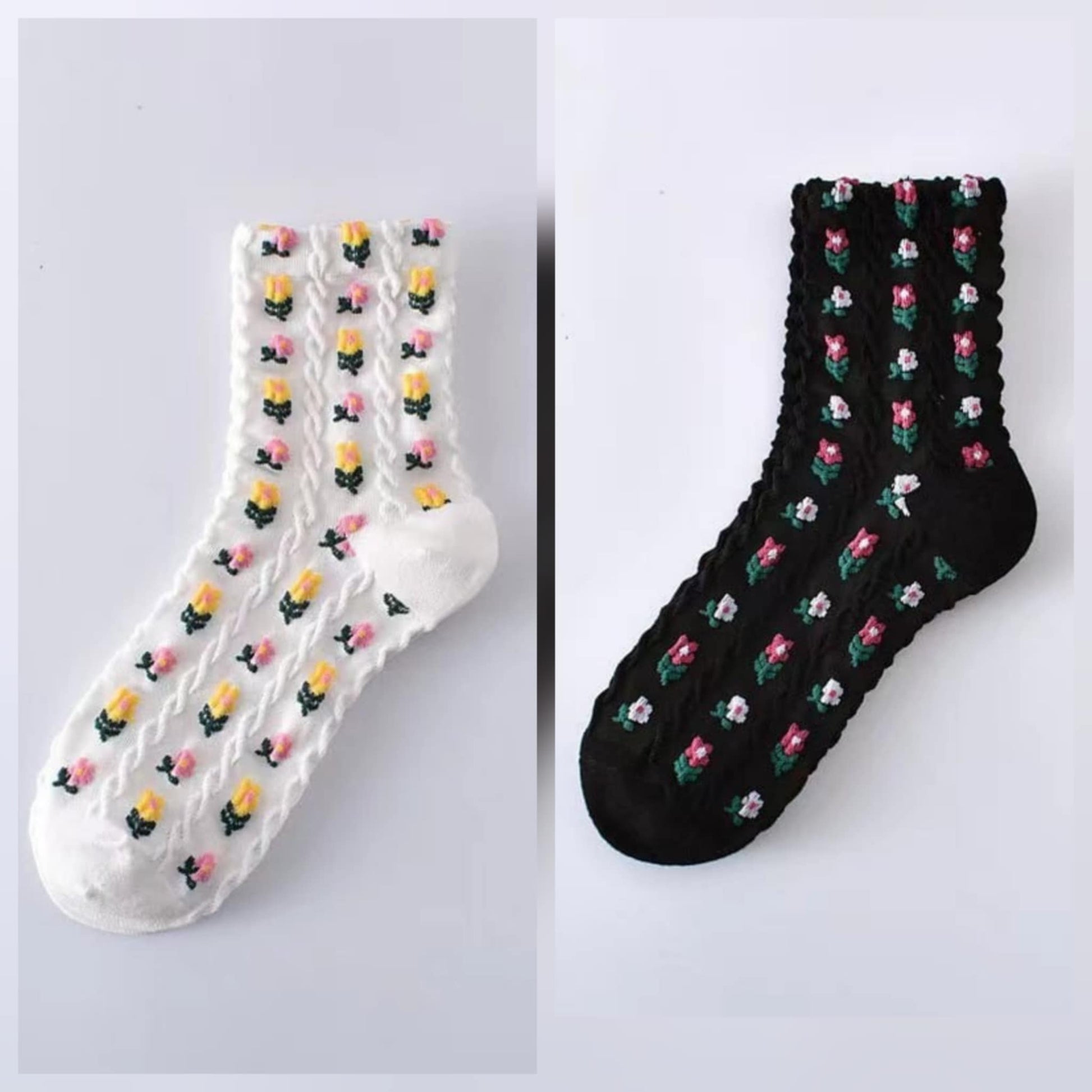 Two pairs of socks, one white and one black, with floral patterns on a light gray background.