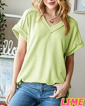 Lime Ribbed V-Neck Top