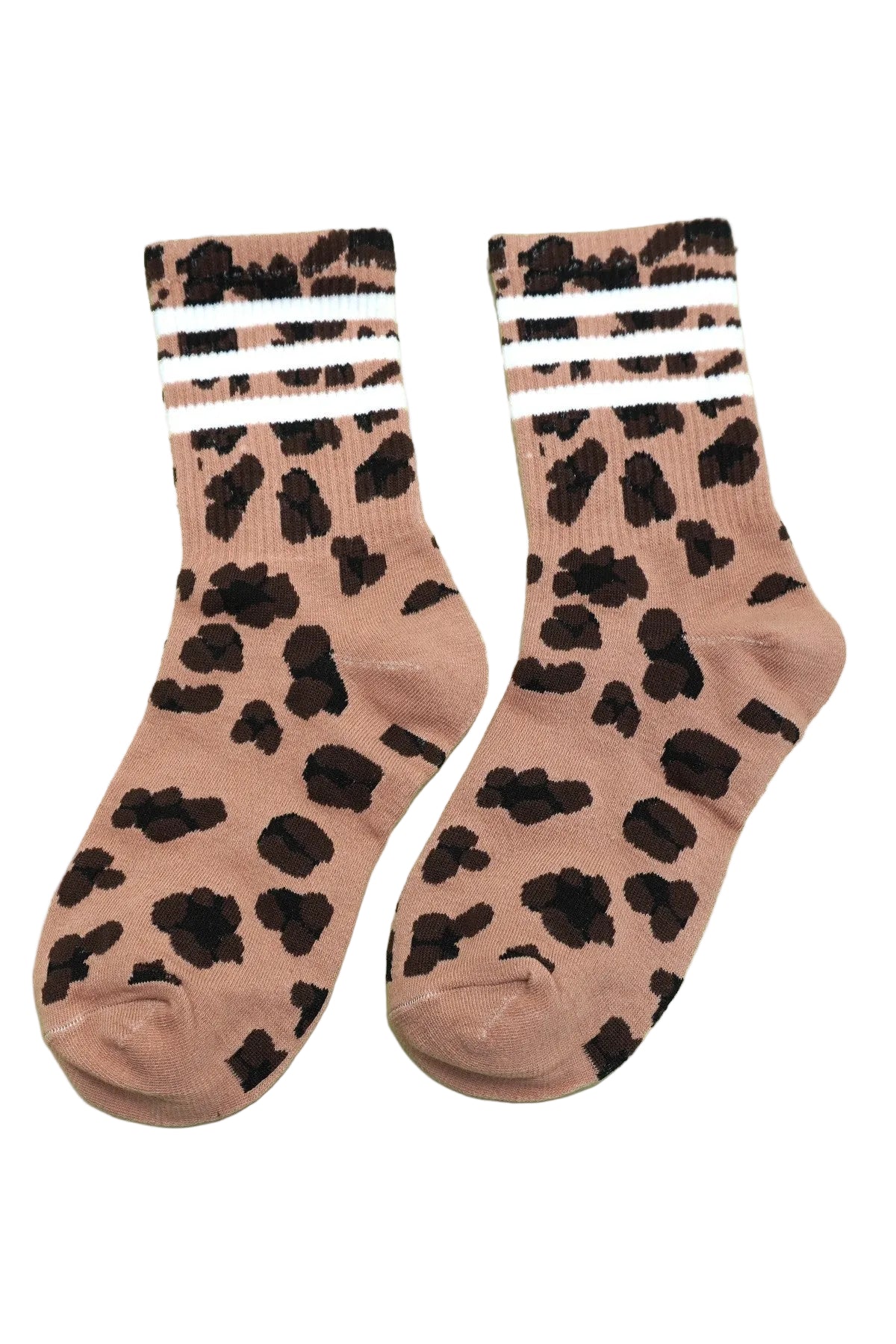 Pair of leopard print socks with white stripes on a light green background