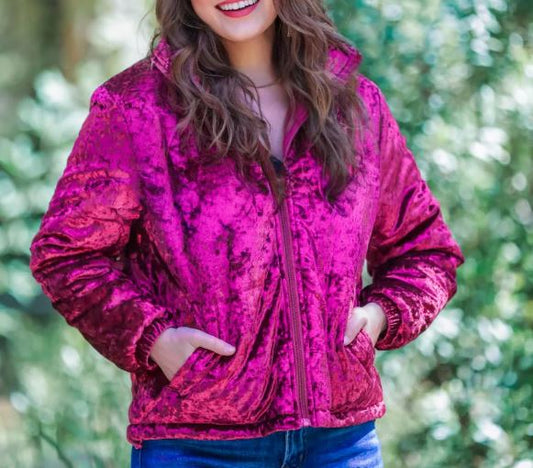 Wine Colored Lush Velvet Puffer Jacket