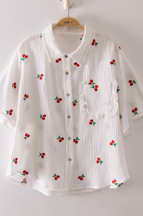 Cherry Embroidered Gauze Button Front Top 1X 2X
