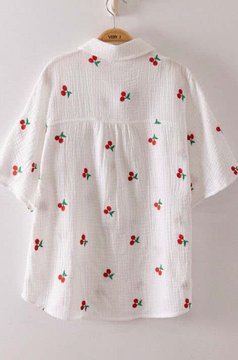 Cherry Embroidered Gauze Button Front Top 1X 2X
