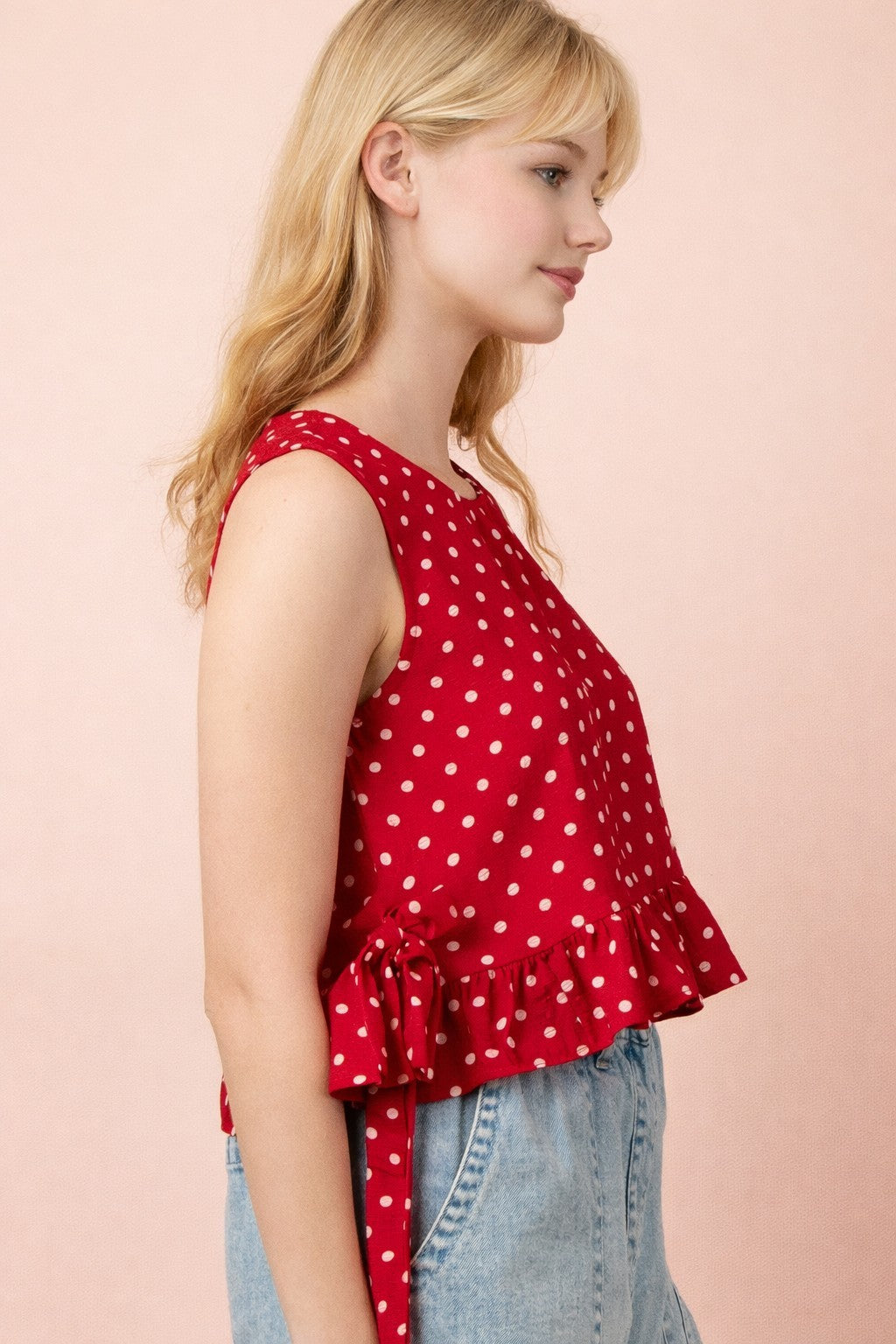 Red and White Side Tie Polka Dot Top S M L