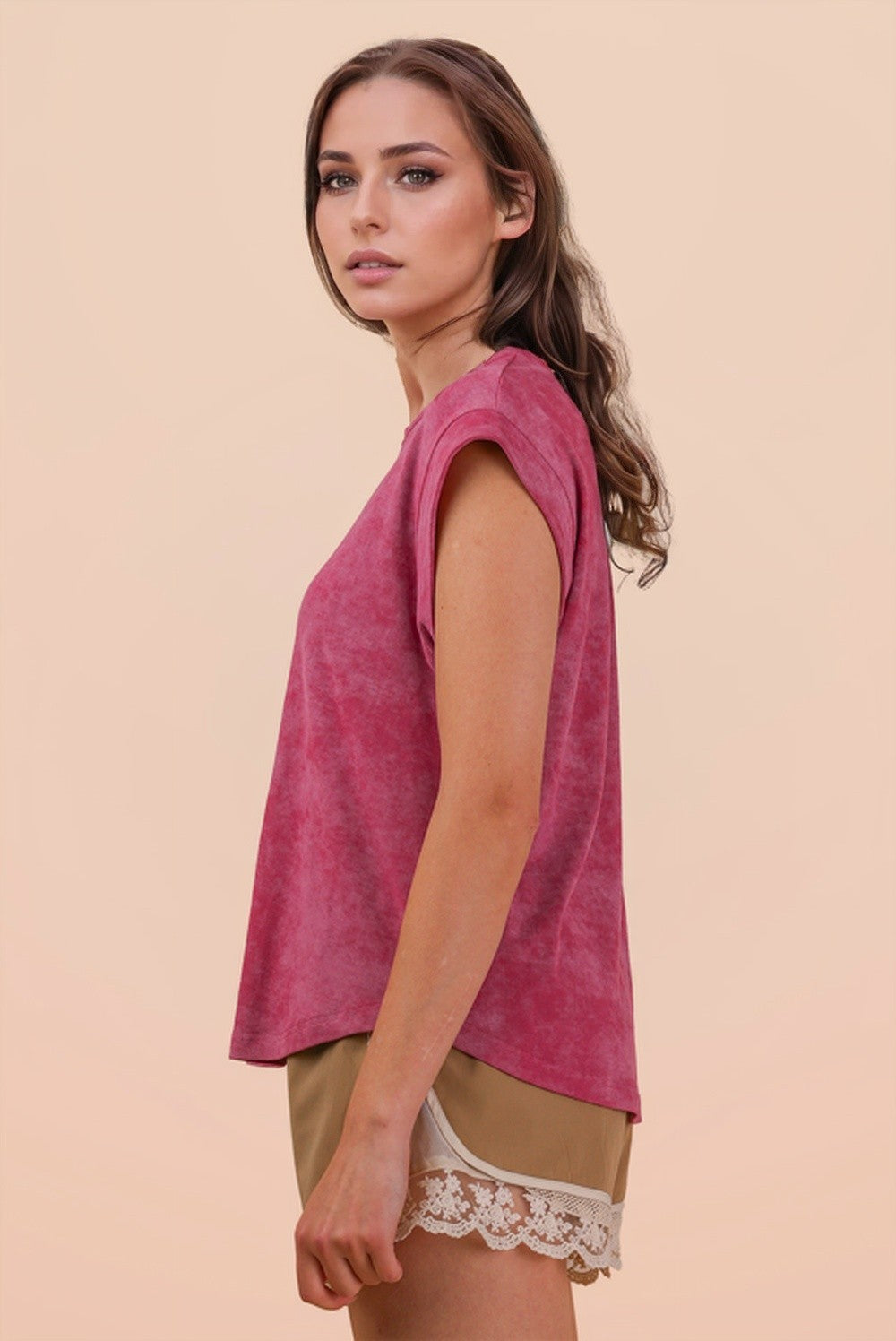 Raspberry Pink Washed Knit Casual Top with Band Cap Sleeve S M L