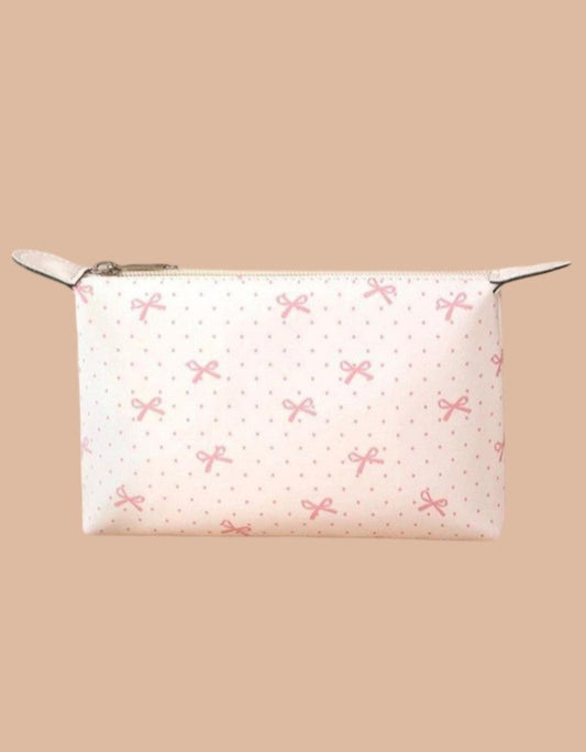 Ivory Vegan Cosmetic Bag With Pink Bow Print