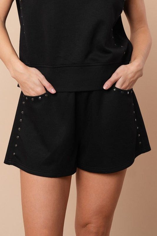 Black Studded Scuba Shorts With Pockets