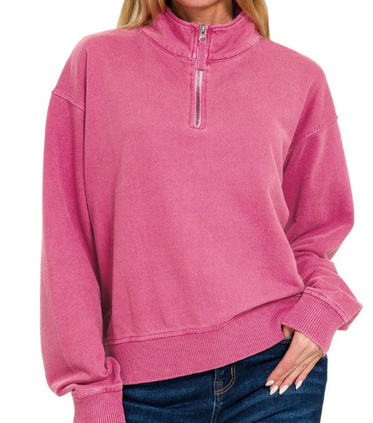 washed raspberry colored quarter zip top on a woman with a white background