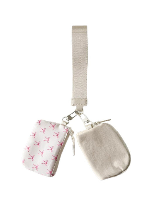 Dual Pouch Ivory Wristlet Keychain Wallet Bag - Ivory with Pink Bows