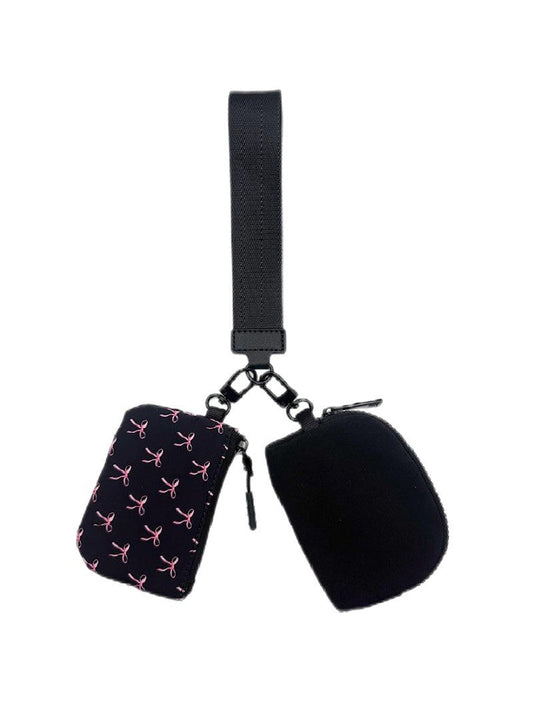 Dual Pouch Black Wristlet Keychain Wallet Bag - Black with Pink Bows