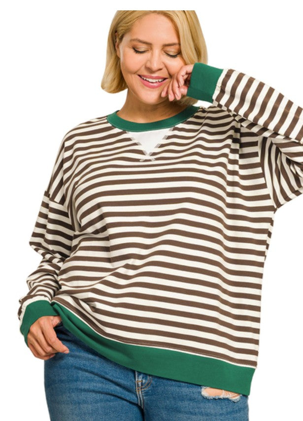 Chocolate and Hunter Green Striped Long Sleeve Top