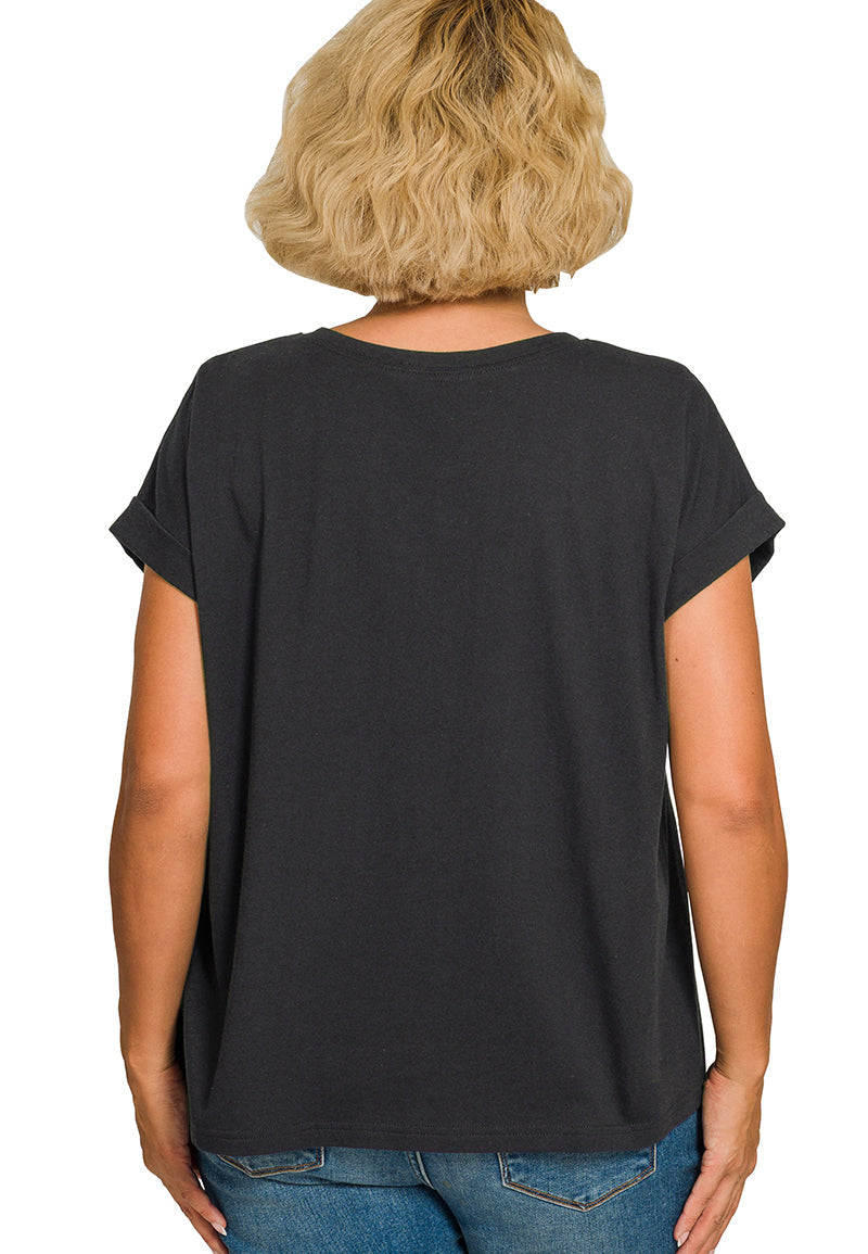 Back view of a person wearing a black t-shirt and blue jeans on a white background