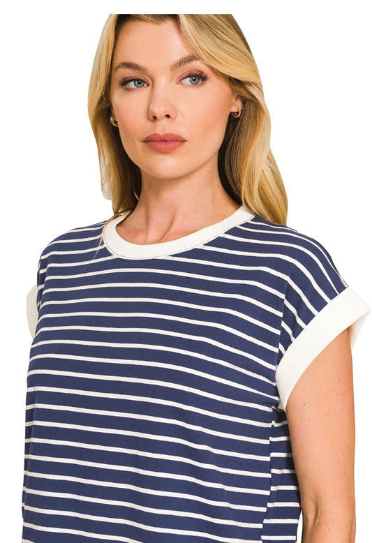Navy and White Cap Sleeve Stripe Knit Top S M L 1X 2X
