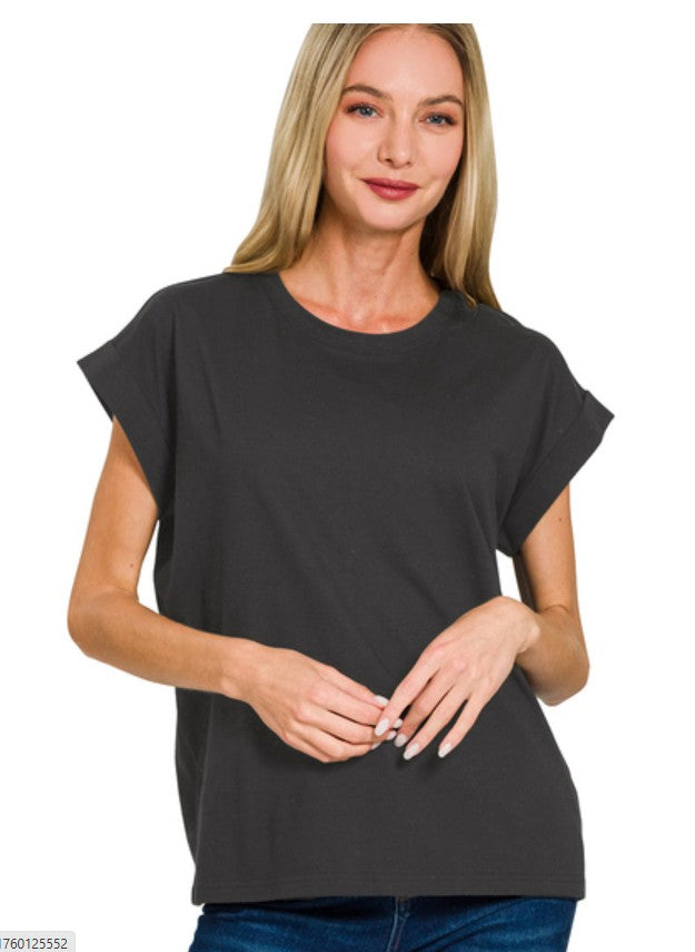Woman wearing a black t-shirt on a white background