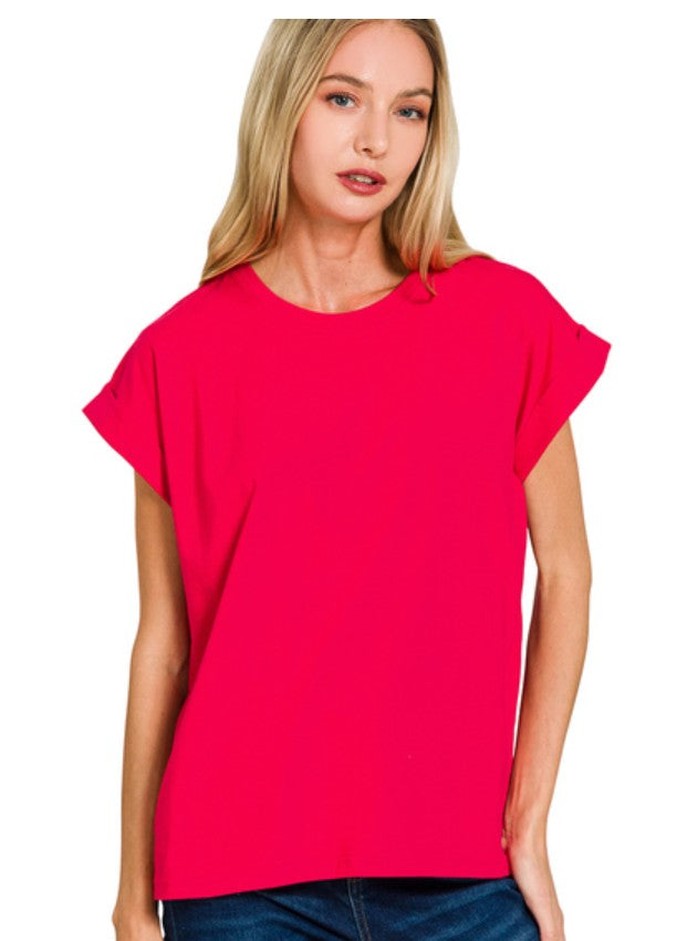 Woman wearing a red top on a white background