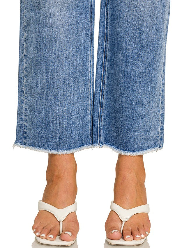 ZENANA Straight Leg Raw Hem Cropped Medium Wash Denim Jeans 34-1X & 36-2X