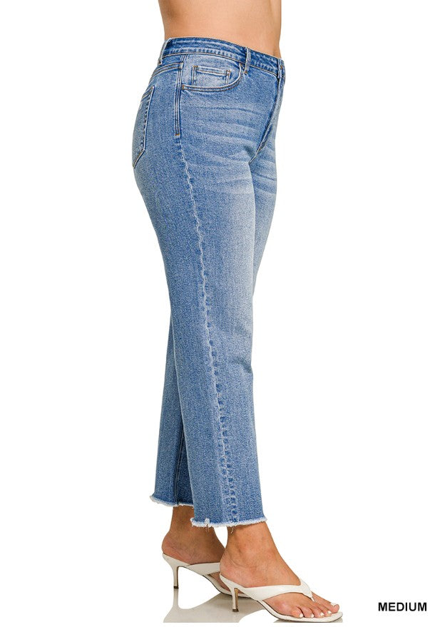 ZENANA Straight Leg Raw Hem Cropped Medium Wash Denim Jeans 34-1X & 36-2X