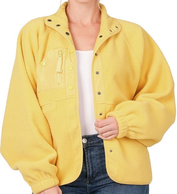 Banana Yellow Snap Button Fleece Jacket