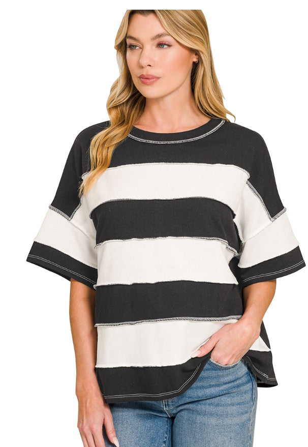 Black Game Day French Terry Striped Exposed Seam Top