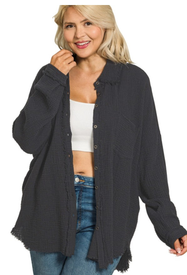 Black Double Gauze Oversized Raw Edge Top 1X 2X
