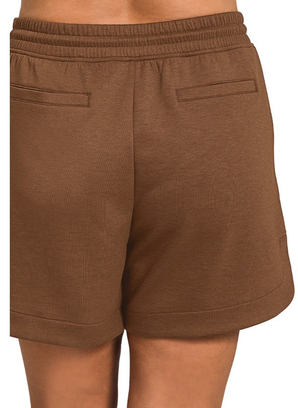 Brown Elastic Waist Scuba Shorts with Pockets 1X 2X