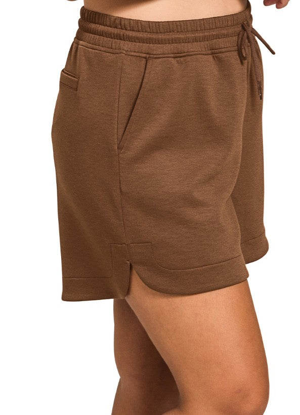 Brown Elastic Waist Scuba Shorts with Pockets 1X 2X