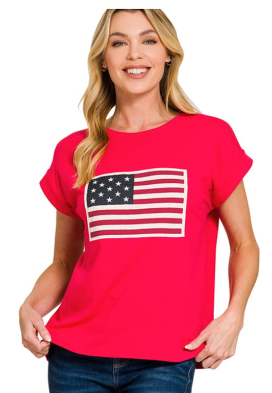 Red Top with American Flag Patch - S M L XL 2X 3X