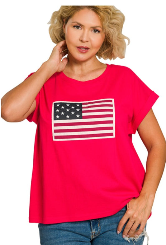 Red Top with American Flag Patch - S M L XL 2X 3X