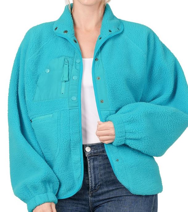 Ice Blue Snap Button Fleece Jacket