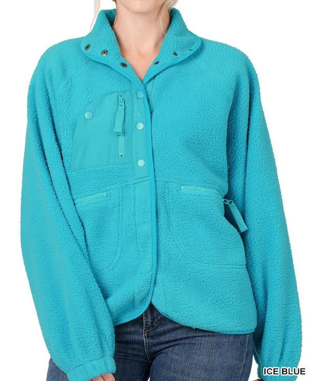 Ice Blue Snap Button Fleece Jacket