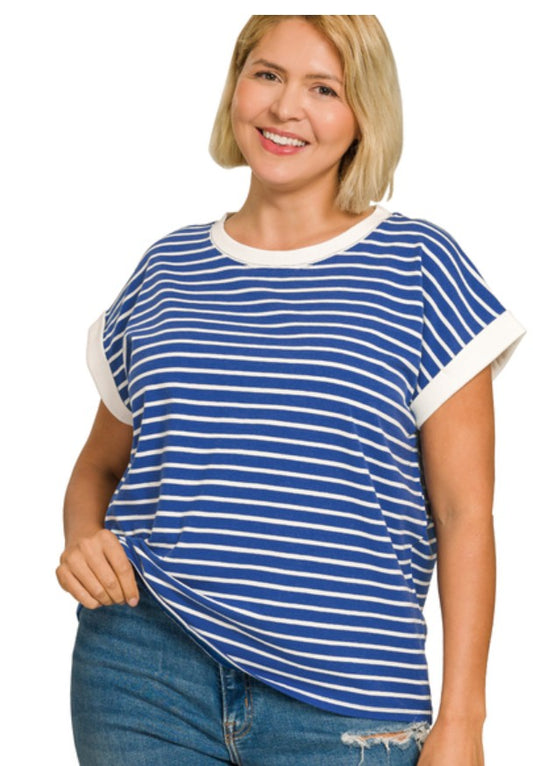 Light Navy and White Cap Sleeve Stripe Knit Top S M L 1X 2X