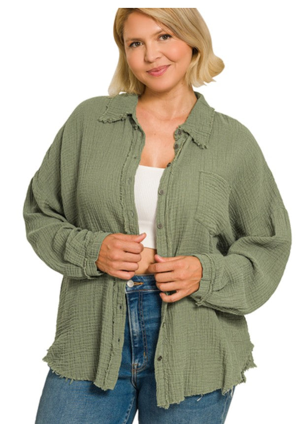 Light Olive Double Gauze Oversized Raw Edge Top 1X 2X